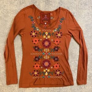 JW Los Angeles Shirt Womens Small Rust Embroidered Floral Boho Long Sleeve
